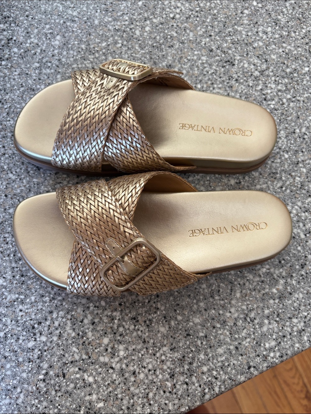 Crown Vintage Braided Metallic Gold Slide Mules with Buckle